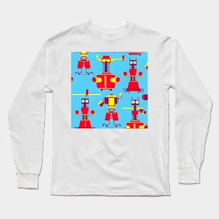 Robots on blue background Long Sleeve T-Shirt